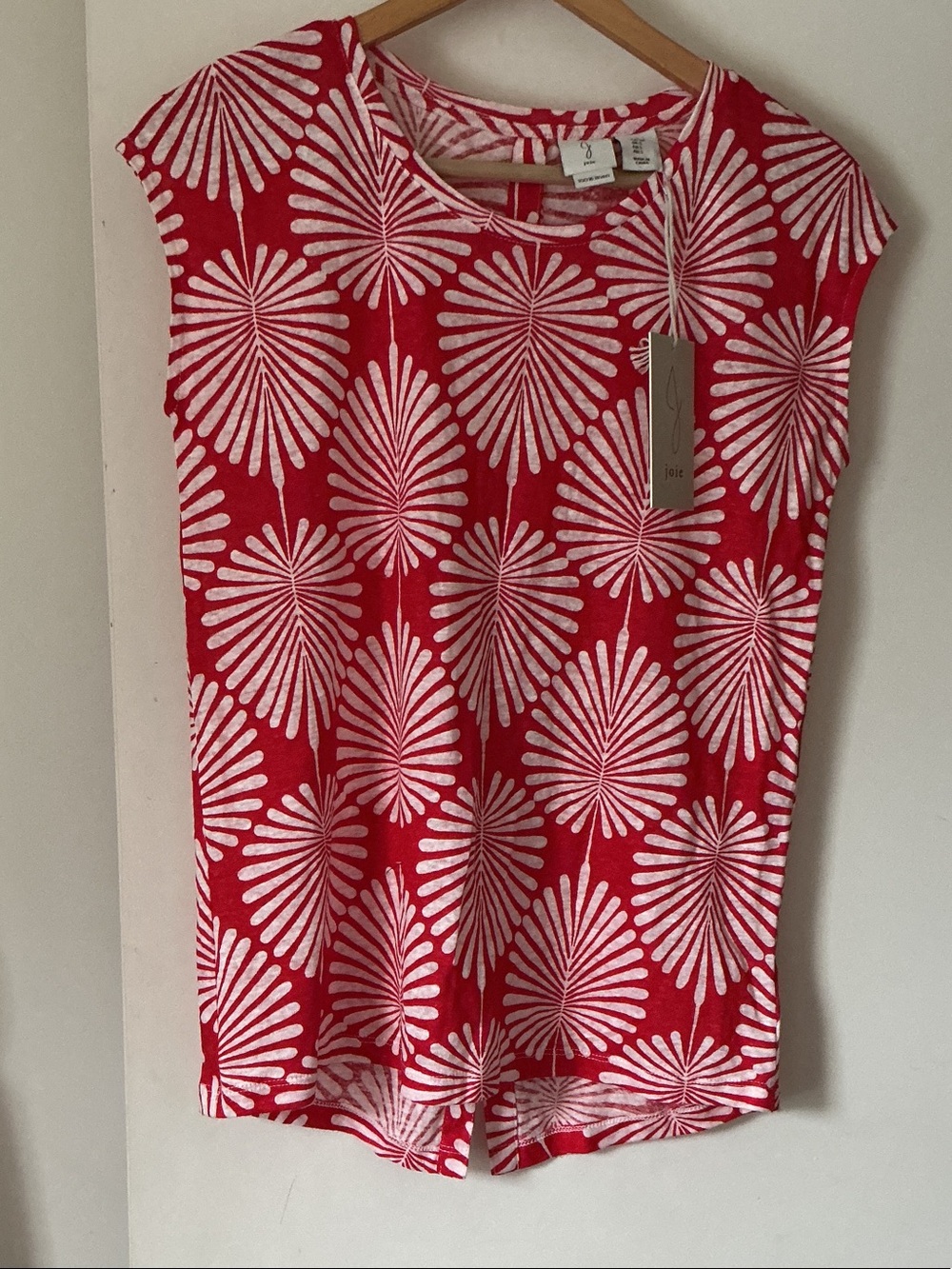 JOIE Red and White Floral Print Cap Sleeve Linen Top -